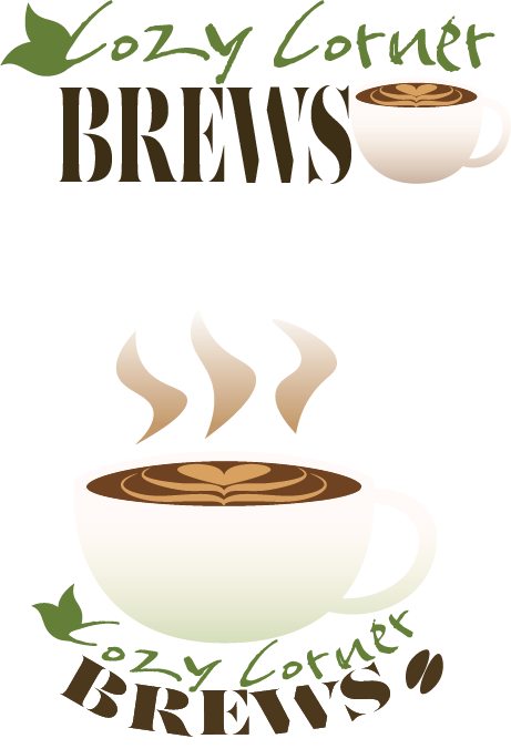 Coffee cup logo with the name Cozy Corner Brews